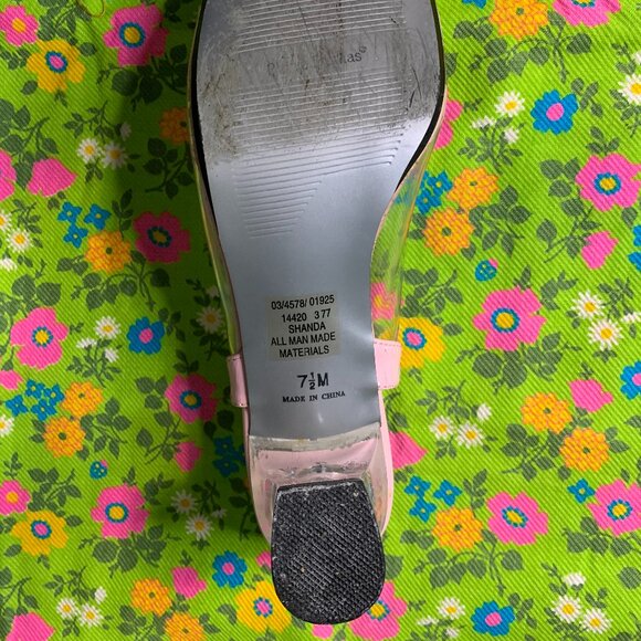 Vintage Pierre Dumas Pink Floral Clear Unique Chunky Heel Mule Sandal Size 7.5 - Picture 9 of 15